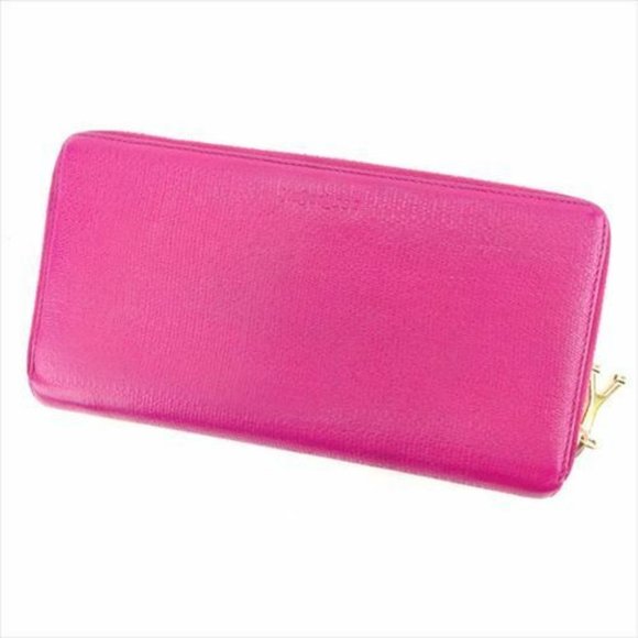 Auth Saint Laurent Wallet Purse Logo Pink Gold leather Woman - Picture 1 of 7